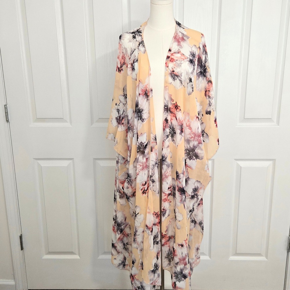 Lovely J Kimono Cardigan Womens Large Peach Floral Sheer Duster Open Front